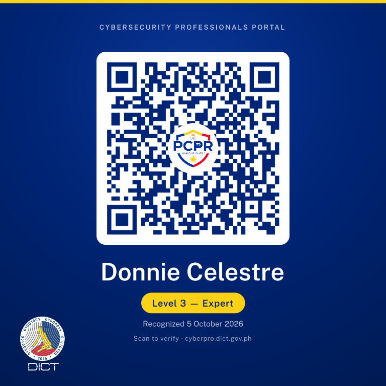 DICT Cybersecurity Professionals Portal registry card for Donnie Celestre, Level 3 - Expert, recognized October 5, 2026, with a verification QR code